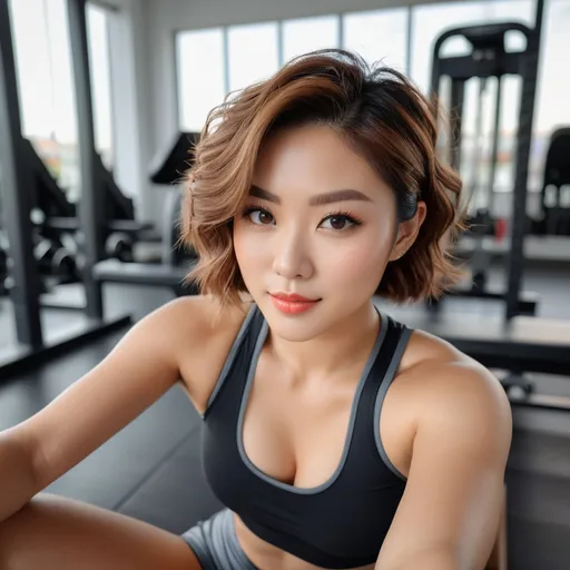 Prompt: Wide portrait selfie of a korean woman on a workout bench with the most beautiful short wavy hair, extremely toned body, self-portrait, with realistic hazel eyes, she's extremely confident, shiny skin, gym outfit, soft lighting, in the background we can see an empty gym early in the morning. Muted colors, go for a realistic yet cartoonish approach, maritime scenes, mixed media marvel, canon 7 --ar 35:64 --stylize 750 --v 5. 2