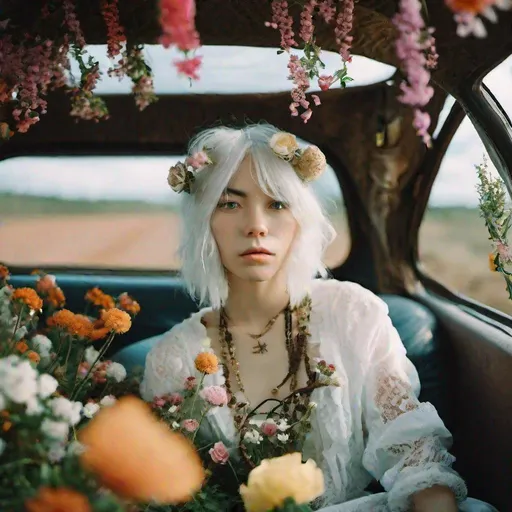 Prompt: a steampunk girl with white hair sitting in car filled with flowers, art by Rinko Kawauchi, in the style of naturalistic poses, vacation dadcore, youthful energy, a cool expression, body extensions, flowers in the sky, analog film, super detail, dreamy lofi photography, colourful, covered in flowers and vines, inside view, shot on fujifilm XT4 --q 2 --v 5 --ar 3:4