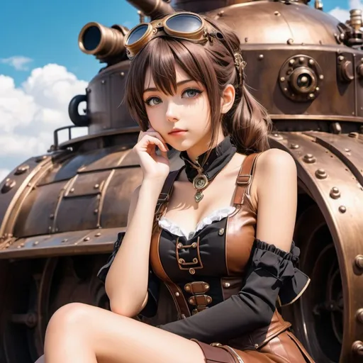 Prompt: steampunk anime girl sitting on a steampunk tank with her hand on her chin, beautiful anime girl head out of top of the tank, pretty anime girl, attractive anime girl, cute anime girl, anime visual of a cute girl, (anime girl), beautiful anime portrait, portrait anime girl, anime girl, an anime girl, beautiful anime woman, anime best girl, cute anime girl portraits, realistic young anime girl