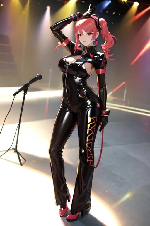 Prompt: A futuristic idol anime girl, dressed in glamorous outfits and performing on a holographic stage