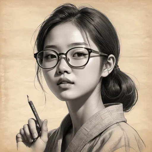 Prompt: Rough charcoal sketch on old paper, beautiful female korean figure, glasses, sun, pencil in side mouth, cute pose, clean line art --ar 1:2 --stylize 750