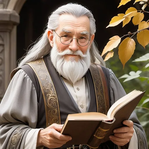 Prompt: A picture of a wise, knowledgeable steampunk old man holding a book, Disney wizard reference, gentle and wise smile, dressed in ancient gray dress, half body::4, serene and dignified demeanor, and wise appearance, Manga style, art by Mike Grell, cascading leaves and peaceful soft focus portrait, wise eyes and long gray beard, front view::, 16k, ultra hd --ar 9:16 --q 2 --niji 5
