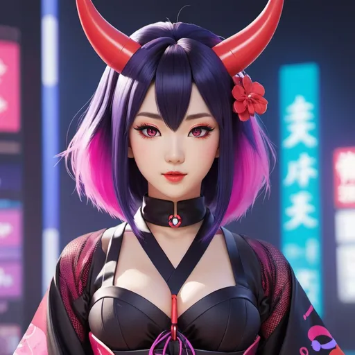 Prompt:  image of Nihmune, the virtual YouTuber (Vtuber). The character should embody a unique blend of futuristic and traditional Japanese aesthetics. Features to highlight include her striking digital pink eyes, which are a signature element, red devil horn and her hair that seamlessly transitions from a blue black to a vibrant purple, spike collar, sheer gothic corset, mesh fishnets, Ensure she has a friendly and approachable expression. Nihmune's attire should fuse a conventional kimono with cybernetic elements, symbolizing her presence both in the virtual world and traditional culture. The background should be abstract, subtly hinting at a digital realm.