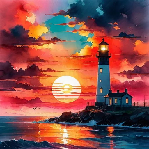 Prompt: Silhouette double exposure golden hour summer sunset lighthouse seascape, Fantasyscore Stylized splashy Watercolour by JB, Waterhouse, Josephine Wall, WLOP, chaotic cinematic pastel colours, perfect Wide long shot visual, cyberpunk, neon fluorescent light, dynamic color palettes, red sky, red clouds, red moon, ominous weather, raining, anime inspired, hybrid art, (hyperrealism:0. 5)