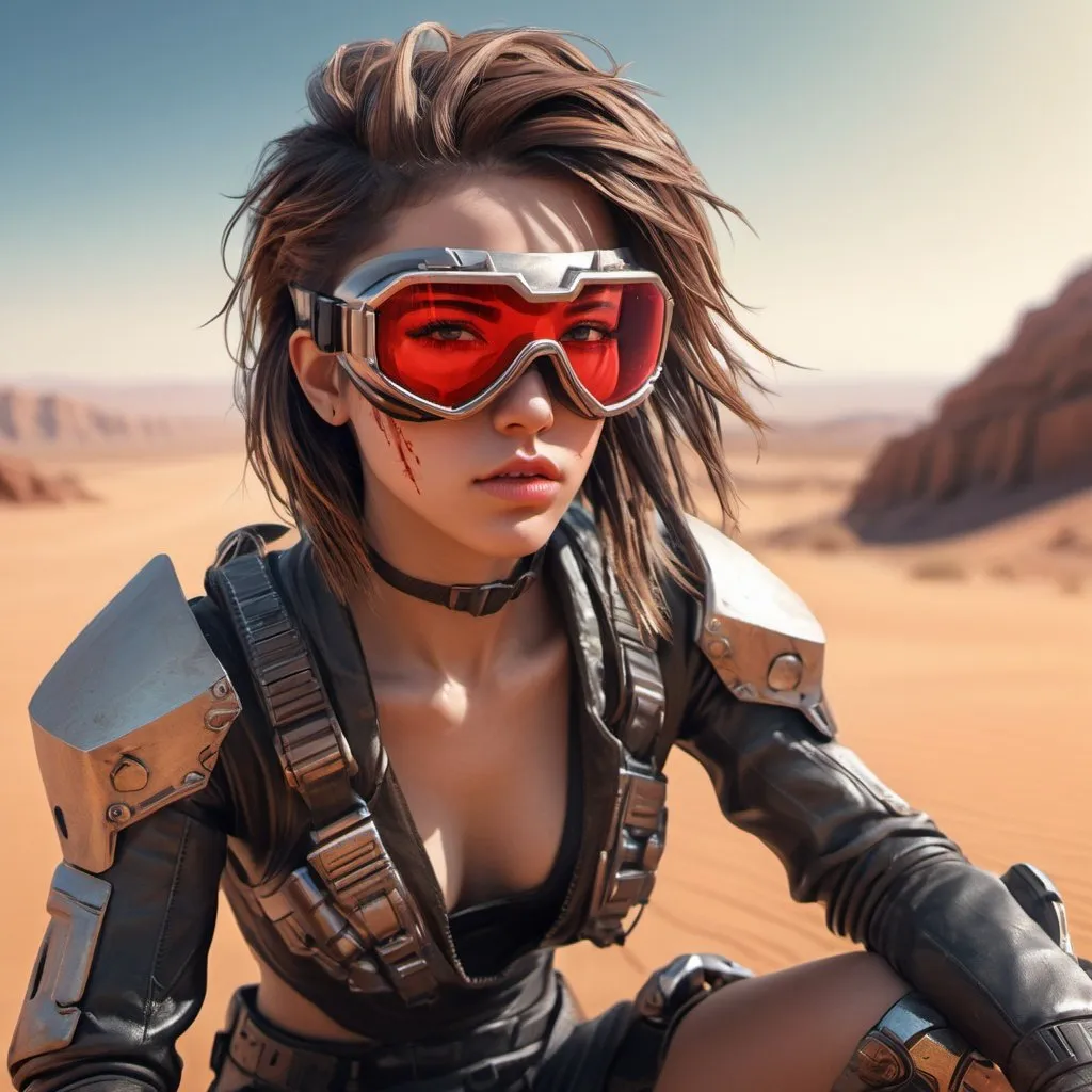 Prompt: female character wearing goggles while sitting in the desert, in the style of cyberpunk imagery, realistic hyper-detailed portraits, womancore, metallic accents, outrun, hyper-realistic pop, angelcore, walking corridor filled with blood, fantasy armor, perfect face, artstation, trend on artstation, intricate details, insane details, sharp focus, HDR, warm light