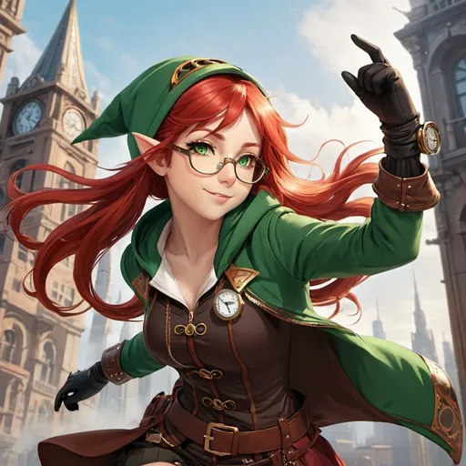 Prompt: 1girl, steampunk, solo, soft lighting, fighting stance, from below, long red hair, green eyes, closed eyes, smile, elf ears, hoodie, (hair ornament)--, glasses, gloves, cityscape