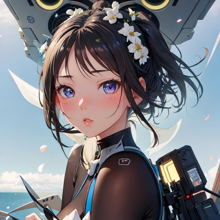 Prompt: lushill style, very cute girl, anime style, comics style, soft skin, soft color, high light, scifi, technology, mechanism, eyes on camera, looking to camera, art by rossdraws, on one knee proposing, holding a bouquet of flowers, blushing, looking away nervously