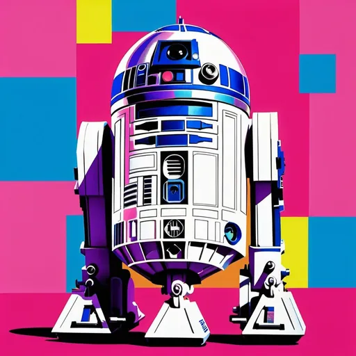 Prompt: A vibrant, 1980s style pop-art illustration of R2-D2. The droid is presented in bold, primary colors against a neon pink and electric blue background. The image should capture the energy and flamboyance of the 80s pop-art movement, with R2-D2 as the unexpected, yet fitting subject