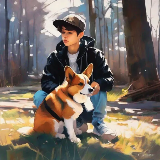 Prompt: HDR Professional Photorealistic ink painting art 2.5D Realistic Cartoonish Style by Ilya Kuvshinov, Loish. Incredibly Pretty Emotional boy in techwear find an abandoned corgi in a post apocalyptic park. White background with a touch of watercolor, Film noir, Photorealistic Chiaroscuro