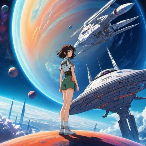 Prompt: anime girl standing on a planet with a spaceship in the background, style of shoji kawamori, anime art nouveau cosmic display, colorful anime movie background, sci fi anime, anime key visual concept art of, dreamy psychedelic anime, makoto shinkai and artgerm, sci-fi anime, style of macross, hiroyuki takahashi color scheme