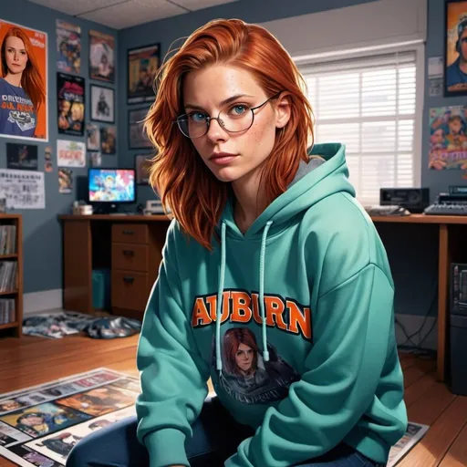 Prompt: An attractive woman looks like Angela Chase played by Claire Danes on "My So Called Life" with auburn hair, on the floor in 90's gamer room, She has tanned skin, oversize hoodie, music posters on wall, freckles, freckled, alluring, glasses, full body view, fantasy, illustration, reflections 