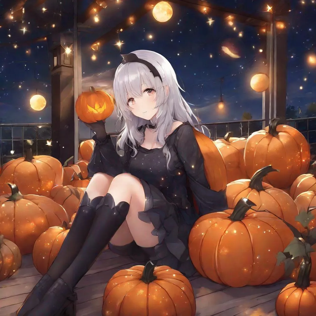 Prompt: 1girl, solo, head rest, dutch angle, white hair, grey eyes, :p, ahoge, pumpkin head, crop top, thighhighs++, (starry sky)+++