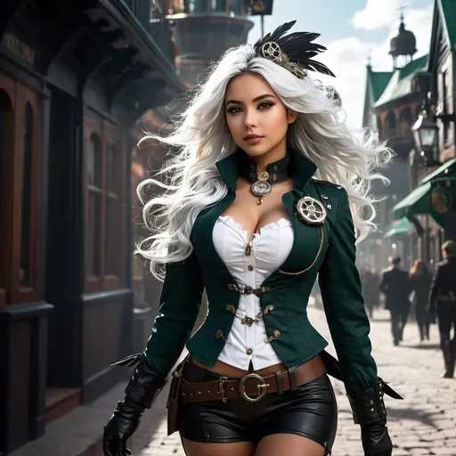 Prompt: steampunk,hero, epic, 1girl, 20 years old Latina, walking through a steampunk town, silver long hair, white feathers in the hair, dark green jacket, ((short jacket)), highly detailed, moody, shadows, black combat boots,  leather gloves, small jaw