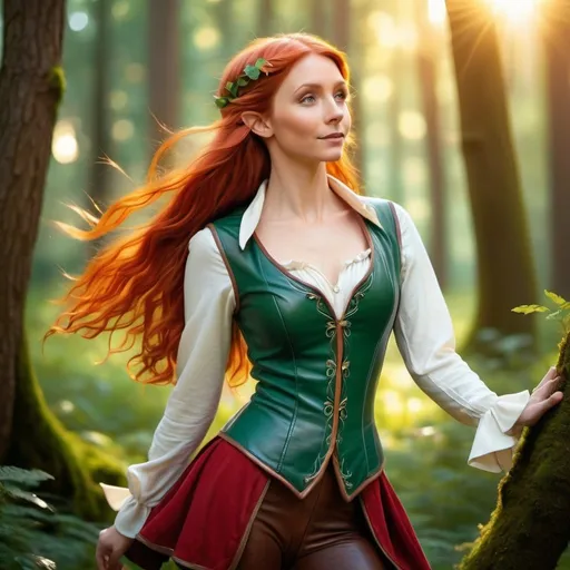 Prompt: Create a fantastical portrait in the style of a classic Disney cartoon of a beautiful female elf with long red hair wearing a leather jerkin and breeches dancing with abandon in a sunlit forest glade.