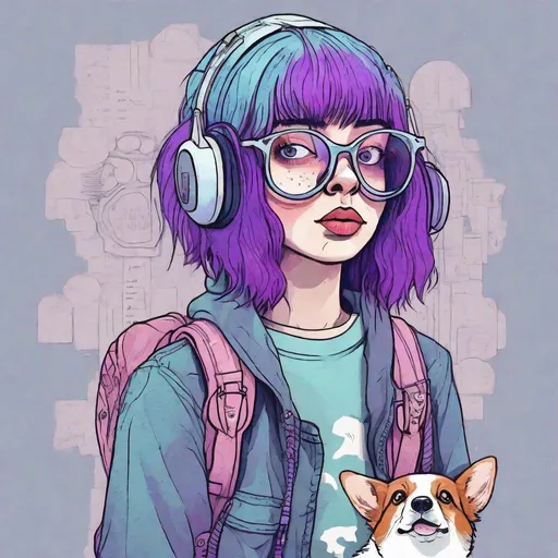 Prompt: An illustration of a quirky girl with purple hair, in the style of Flat shading,  glasses, ecopunk style, Gemma Correll, with freckles and a corgi on her shoulder, photo-manipulated, cyberpunk genre, pastel blue --ar 48:85 --niji 5