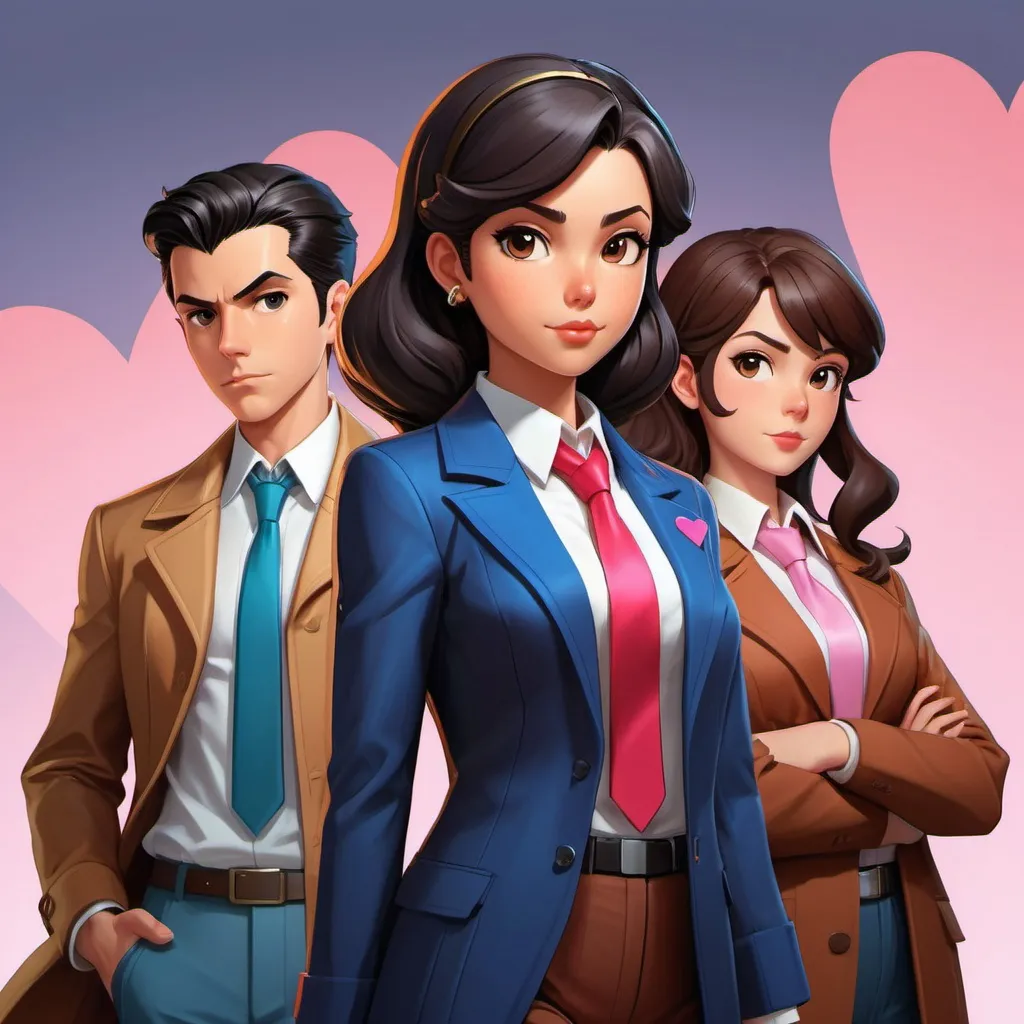 Prompt: Noir Detective Girl team up with Ace Attorney, American Realism Style, colorful, plain white background, valentine design, in the style of graphic novel inspired illustrations, sketchfab, fernando amorsolo, relatable personality, alexander millar, cute and dreamy, lit kid --ar 71:128 --stylize 750 --v 6