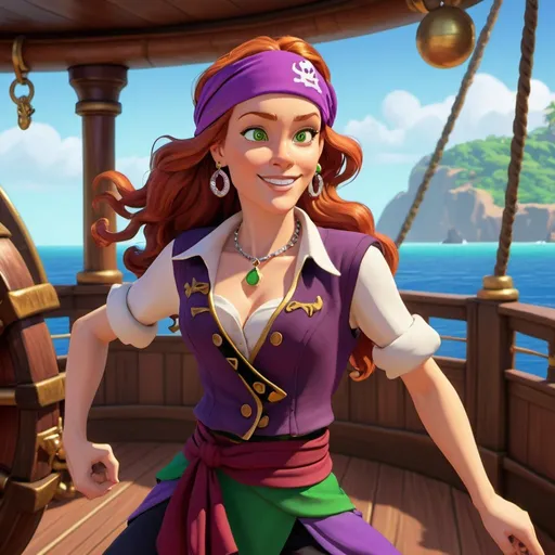 Prompt: Elaine Marley from Monkey Island dancing on the deck of a pirate ship, ginger long wavy hair, green eyes, maroon vest, diamond earrings, purple sash belt, pop collar t-shirt, purple head scarf bandana 