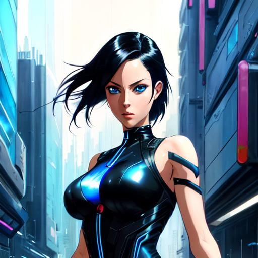 Prompt: aeon flux, black hair, blue eyes, half body, interior, futuristic city, <lora:Aeon_Flux_Style-09:. 65>, impressionistic style, loose brushwork, dappled light, vivid colors, evocative atmosphere, expressive movement, painterly textures, intricate design and details, hyper detailed, hyper realistic, 4d dimension, ultra-detailed, highest detail quality, ultra-realistic, photography lighting --ar 25:31 --quality 2 --s 750 --v 5. 1