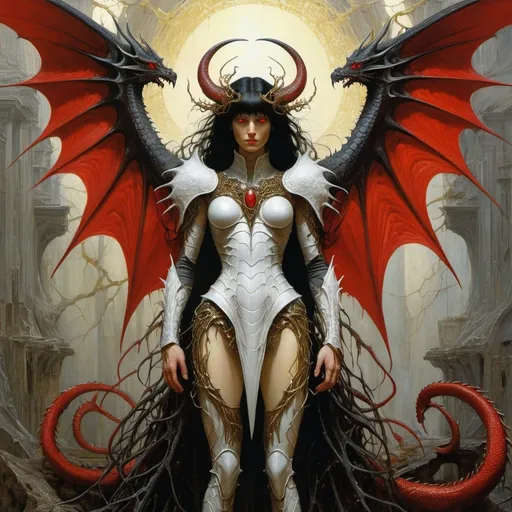 Prompt: (masterpiece, best quality), 1lady, solo, (white scaly body), halo, wings,fallen angel, black hair, red armor with golden vines, loose waves, red eyes, (dragon, art by hermann nitsch, zdzislaw beksinski, dariusz zawadzki, giger)