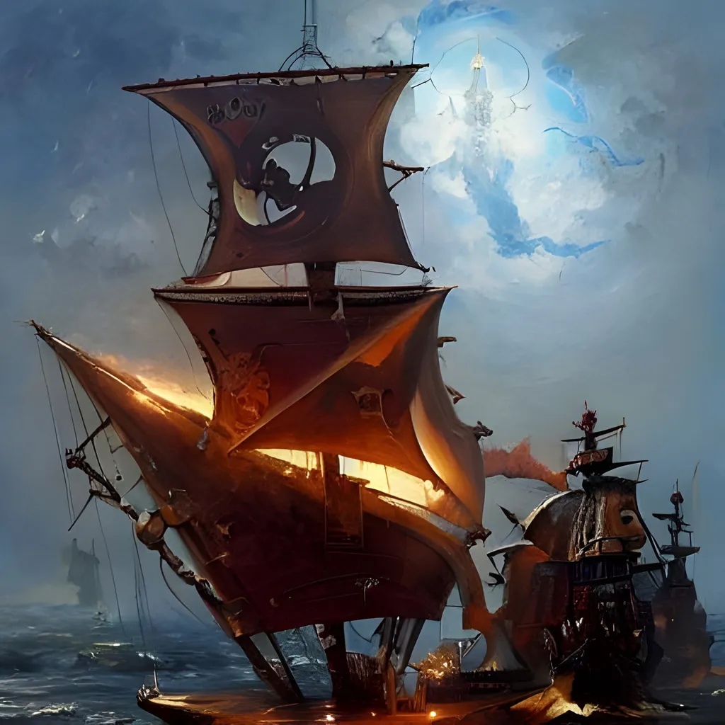 Prompt: oil painting with heavy impasto of a steampunk pirate ship and its captain, cosmic horror painting, elegant intricate artstation concept art by craig mullins detailed