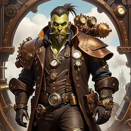 Prompt:  image that embodies the essence of Thrall from world of warcraft in a steampunk setting. The depiction should blend orc shaman recognizable traits with Victorian-era industrial influences, featuring mechanical gadgets, cogs, and steam-powered machinery. His attire should be a fusion of his usual style and classic steampunk fashion, including brass accessories and leather accents. Ensure the background reflects a retro-futuristic landscape, with airships and intricate gear architecture. Emphasize both the whimsy of streamer culture and the gritty aesthetic of the steampunk genre.