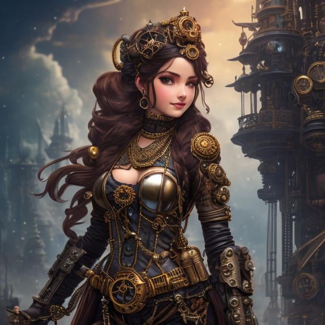 Prompt: steampunk princess on an artificial bear, all in very detailed steampunk style, photorealistic, dynamic light, sweet smile, beautiful, H. R. Giger, Jules Verne, torn clothes, piercings, jewelry, tattoos, observatory, finely detailed background, amazingly intricate background, incredibly absurdres, best quality, by sylvain sarrailh, trending on artstation, tropical vibe, boho chic, very anime, streaming on twitch, inspired by Dorothy Hood, magali villeneuve', blessing palms, beach aesthetic
