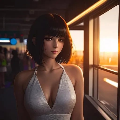 Prompt: portrait photo of a stylish beautiful girl in a future convenience store, asymmetric hair cut, cyberpunk aesthetic, heavenly beauty, 8k, 50mm, f/1. 4, high detail, sharp focus, cowboy shot, perfect anatomy, arms behind back, sunshine on her face, sunset, window side