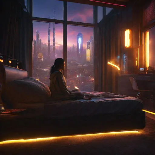 Prompt: bed room, cyberpunk vibe, neon glowing lights, sharp focus, photorealistic, unreal engine 5, girl in the bed, window that shows the skyscrapers in the background, deviantart, highly detailed, sharp focus, sci-fi, stunningly beautiful, dystopian, iridescent gold, cinematic lighting, dark