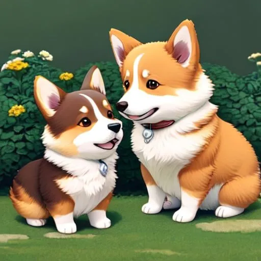 Prompt: detailed corgi with a baby corgi in the background, delicate features, rich colors and details, art by shinkai, studio Ghibli, highly detailed, HD,smooth --v5 --q 2 --s 750