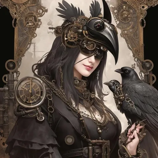 Prompt: steampunk anthropomorphic crow, black plague mask  Artstation illustrators, intricate details, face, full body portrait, dim light, illustration, UHD, 4K