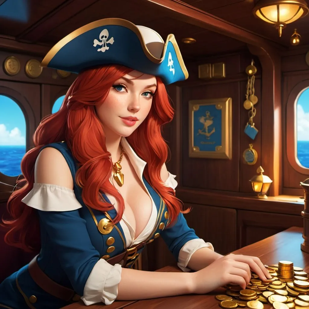 Prompt: score_9, score_8_up, score_7_up, concept art, a redhead girl cosplaying as Miss Fortune, sits in the captain's cabin, perfect face, pirate hat, gold coins piled on the wooden table, dim candlelight, upper body, <lora:Concept Art DarkSide Style LoRA_Pony XL v6:0.8>, <lora:Expressive_H:0.8>, prompt saving so loras don't work here!