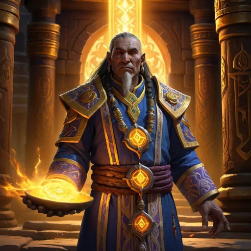 Prompt: 8k resolution image depicting a Zarami Priest from the World of Warcraft universe. The setting is inside an ancient temple, rich with lore and adorned with symbols of their faith. The priest, characterized by dragonkin features, should be in the midst of casting a powerful healing spell over a wounded human warrior who lies before them. The scene should capture the intricate details of the priest's ceremonial attire and the ambient magical glow resulting from the healing ritual.