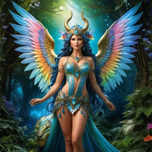 Prompt: Full body shot of mythical creature beautiful female as its head, photorealism, octane render, by Anne Stokes and Josephine Wall and Roger Dean, a masterpiece, hyperdetailed, intricately detailed, hyperrealistic, maximalist, dynamic lighting, volumetric lighting, deep colours