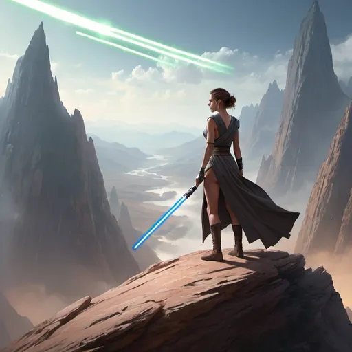 Prompt: a woman standing on top of a mountain with a light saber in her hand, fantasy art, holding a lightsabre. splash art, cal kestis lightsaber wallpaper, female jedi, jessica rossier color scheme, jedi knight, jedi with light saber