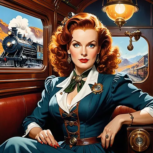 Prompt: in a highly detailed steampunk movie poster painted in oil by Norman Rockwell in the film noir style for an dark fantasy film featuring Maureen O'hara set in 1947, steampunk train with Hollywood monsters filling the seats, bright vibrant colors, detailed eyes, detailed hands, detailed faces, shapely legs, expressive hands, relaxed posture, low lighting, dark, realistic instruments, octane rendering, 4k, trending on artstation
