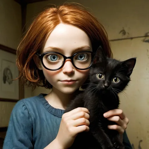 Prompt: coraline (light_brown_hair, wearing eyeglasses, holding a young black kitten) : by Dave McKean, tim burton