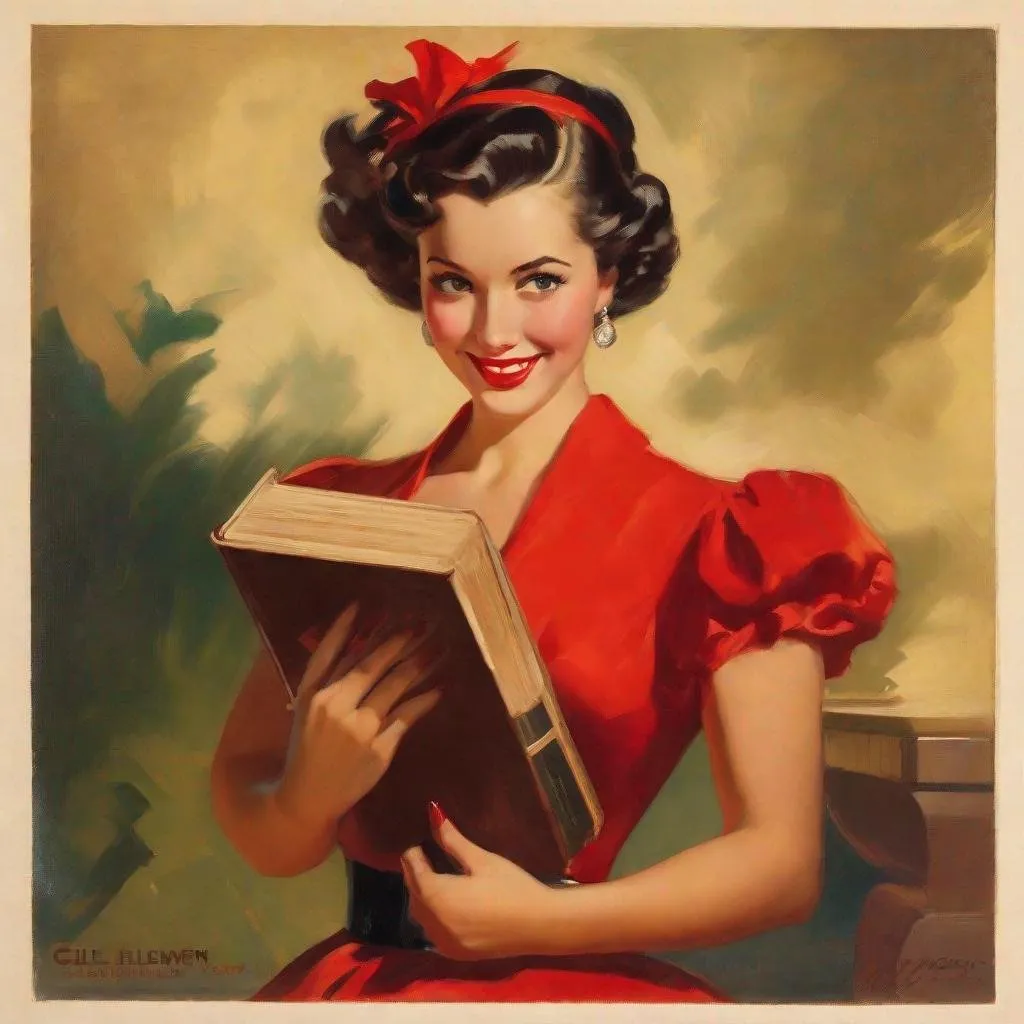 Prompt: A picture of a confident, strong-willed woman holding a book, Disney princess reference, confident smile, dressed in bold red dress, half body::4, determined and powerful demeanor, and striking appearance, German Expressionism style, art by Gil Elvgren, sunflower and captivating soft focus portrait, piercing eyes and commanding presence, front view::, 16k, ultra hd --ar 9:16 --q 2 --niji 5