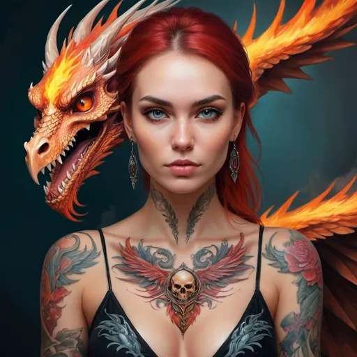 Prompt: an image of a woman with a tattoo on her chest and a dragon on her, a digital painting, fantasy art, female face skull phoenix bird, stunning digital painting, gorgeous digital art, stunning digital illustration, gorgeous digital painting, fantasy rpg symmetrical portrait