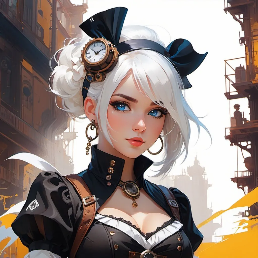 Prompt: Highly detailed portrait of a steampunk anime girl,  student, wearing black and white dress, white headband, blue eyes, white hair by atey ghailan, by greg rutkowski, by greg tocchini, by james gilleard, by joe fenton, by kaethe butcher, gradient yellow, black, brown and magenta color scheme, grunge aesthetic!!! graffiti tag wall background