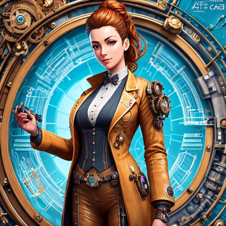 Prompt: steampunk female scientist, mechanical, excited, labcoat, symmetrical, perfect composition, hyperrealistic, super detailed, 8k, high quality, Splash art, front, epic Instagram, artstation, hyperdetailed intricately detailed, unreal engine, intricate detail, splash screen, complementary colors, concept art, 8k, heavy strokes, splash arts, full height, full body focus, trending on Artstation