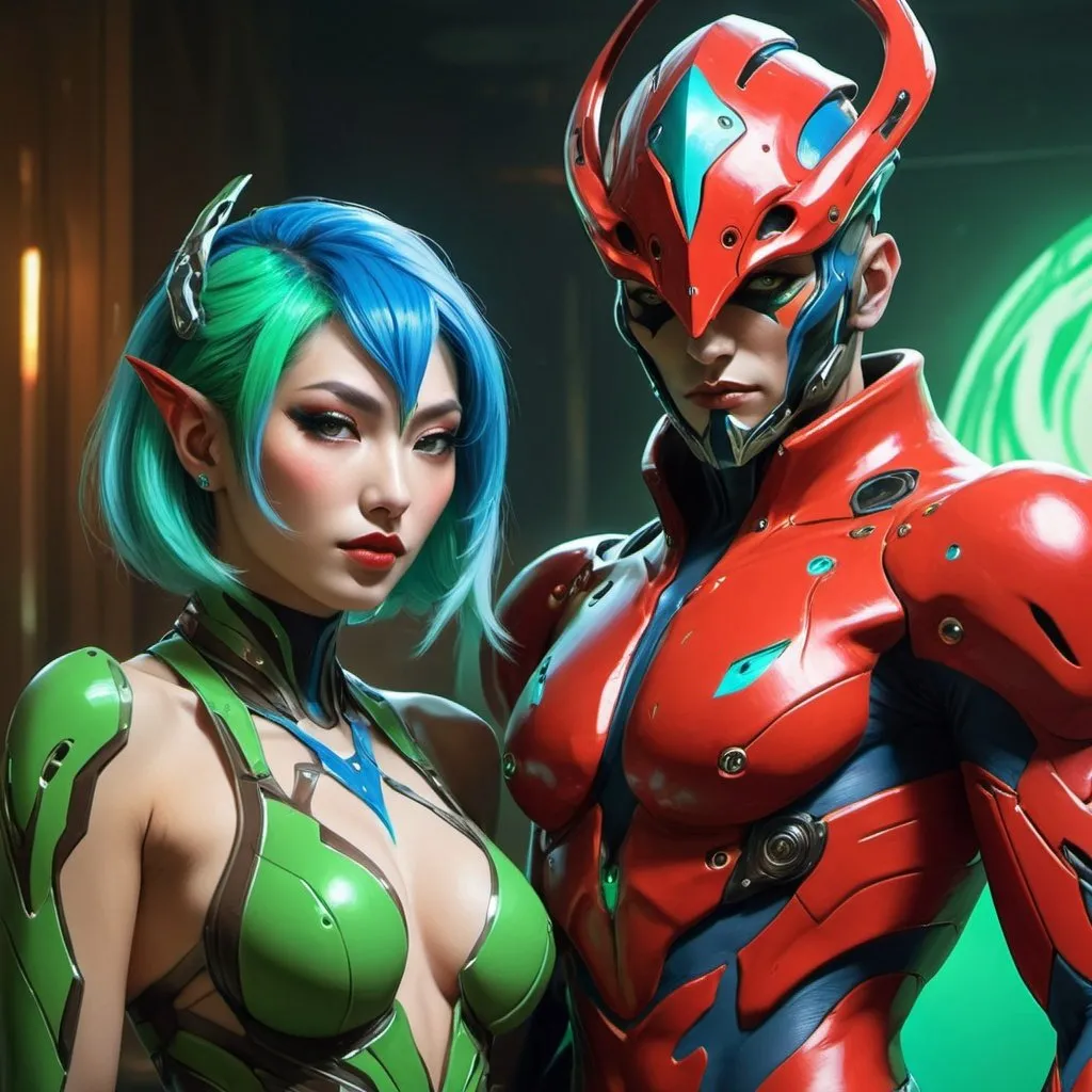Prompt: A red warframe with human like male facial features stands with green aura, next to an attractive korean in her thirties, glamour makeup, wearing futuristic neon techwear and blue hair, in the style of David Uhl and Frank Frazetta, Gino Severini