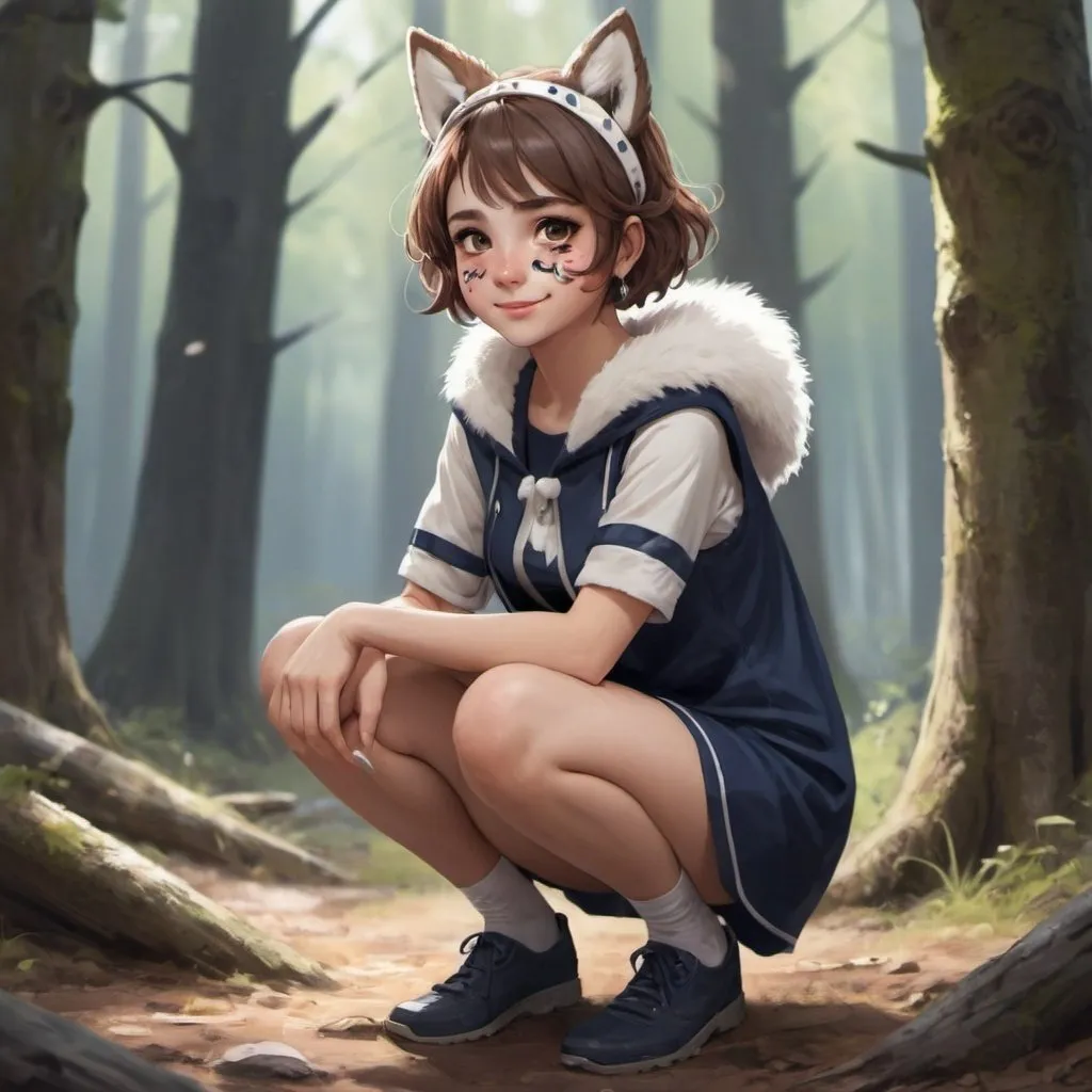 Prompt: score_9, score_8_up, score_7_up,  san, 1girl, full body, squatting, solo, short hair, brown hair, gray eyes, headband, face paint, earrings, white sleeveless top, navy under dress, arm cuffs, fur headdress, fur cape, light-skinned female, female focus, looking at viewer, smiling, forest, (blush:1.1)  <lora:pony/twilight_style:0.8> concept art, realistic, <lora:pony/expressiveh:0.8> expressiveh, <lora:pony/kenva:0.8> knva, <lora:pony/san_pony_v4> <lora:sdxl/sinfully_stylish_sdxl> prompt saving