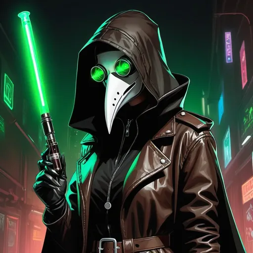 Prompt: 1girl, solo, An image of a cyberpunk style plague doctor. Glowing green eyes. Worn leather jacket in dark brown with black clothing underneath. On his belt can be seen glass vials filled with suspect fluorescent glowing chemicals. She has an overall sinister appearance. In his hand is a needle injection machine filled with glowing medicine. The composition is that of a modern digital comic book art, plague doctor, mask, hood up