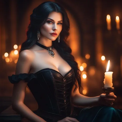 Prompt: A beautiful portrait of Yennifer from The Witcher, dressed in a corset and black dress with a candle, elegant glamorous cosplay, dark hairs, castlevania, a pale skin, art bundle, female sheriff, chest covered, poison dripping, real-life brook, cosplay, digital art by Eugene de Blaas and Ross Tran, vibrant color scheme, highly detailed, in the style of romanticism, cinematic, artstation, Greg rutkowski