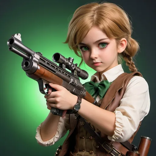 Prompt: a girl holding a gun in her hand crank rifle in hands, in the style of anime art, light brown and green, by bill tiller, strong facial expression, ps1 graphics, history painting, steampunk, close up --ar 69:128 --stylize 750 --v 6