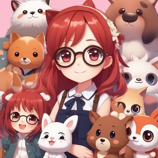 Prompt: An adorable chibi-style anime girl with oversized eyes and a playful expression, red hair, circle glasses, surrounded by cute animal companions