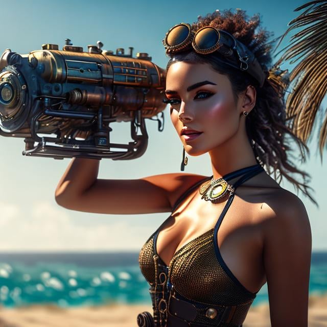 Prompt: steampunk female wearing a swimsuit at a beach party, photo followed by other female, drinking a mojito, ultra high detail, hyper realistic, realistic concept art. sense of awe and scale, in the art style of Filip Hodas, a grimdark dystopian cyberpunk post-apocalyptic style, --ar 16:8