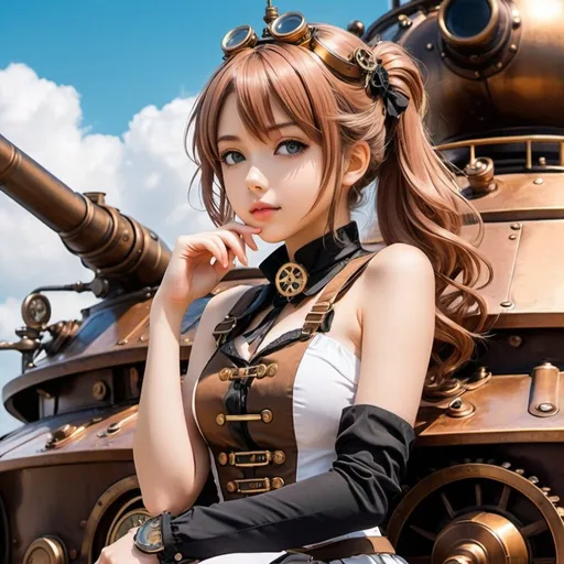 Prompt: steampunk anime girl sitting on a steampunk tank with her hand on her chin, beautiful anime girl head out of top of the tank, pretty anime girl, attractive anime girl, cute anime girl, anime visual of a cute girl, (anime girl), beautiful anime portrait, portrait anime girl, anime girl, an anime girl, beautiful anime woman, anime best girl, cute anime girl portraits, realistic young anime girl