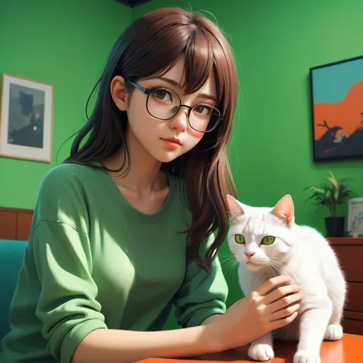 Prompt: anime girl with glasses petting a cat in a green room, realistic anime 3d style, artgerm and atey ghailan, realistic anime artstyle, detailed digital anime art, realistic anime art style, anime realism style, painted in anime painter studio, ilya kuvshinov with long hair, photorealistic anime girl render, 3d  anime realistic