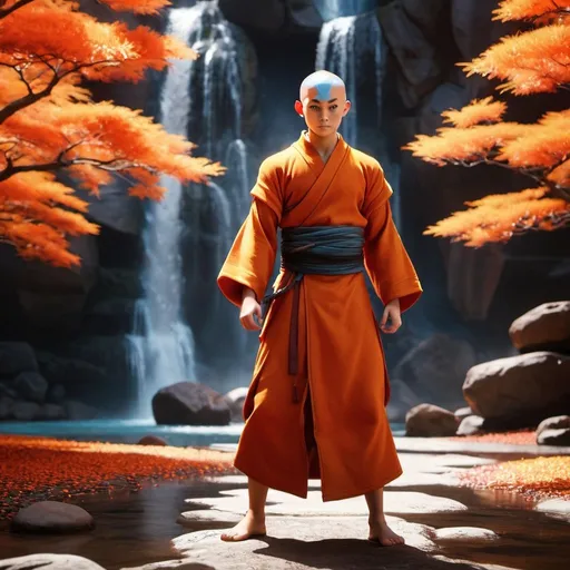 Prompt: avatar aang, the last airbender, in the style of furaffinity, orange robes, red, #vfxfriday, massurrealism, explosive pigmentation, spiritualcore, cinematic lighting --ar 71:128 --stylize 750 --niji 6